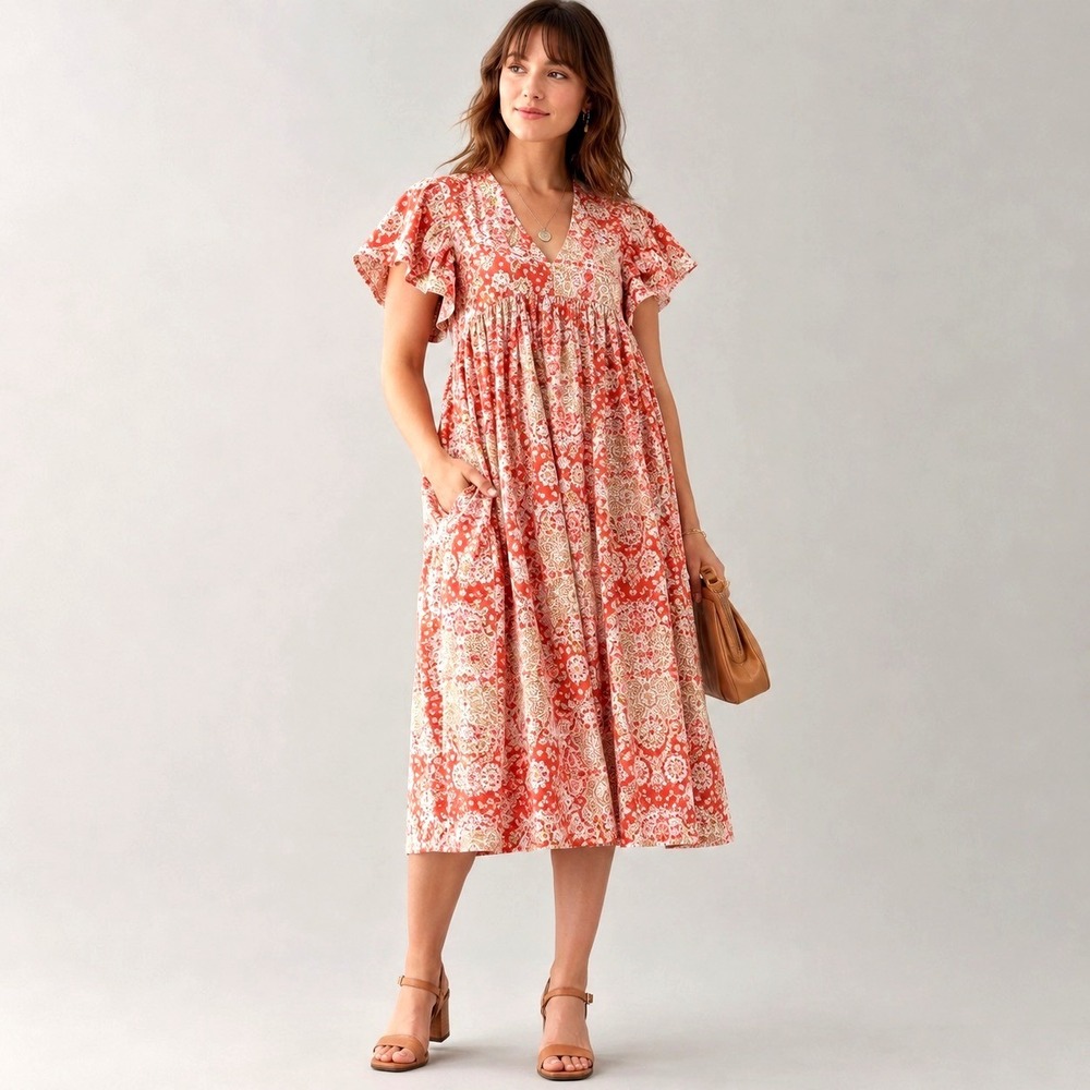 Maeve Anthropologie Women Flutter Sleeve Babydoll Midi Dress Size 1X